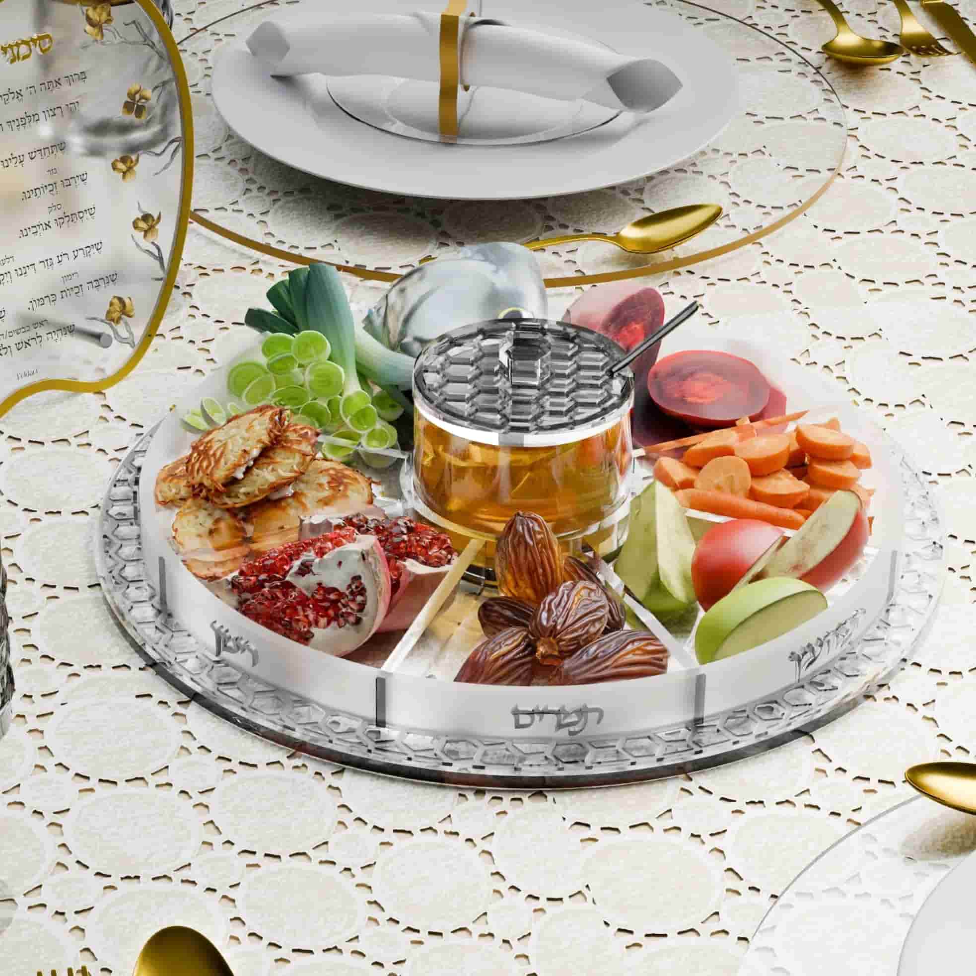 Silver Honeycomb Simonim Tray with Honey Dish & Spoon